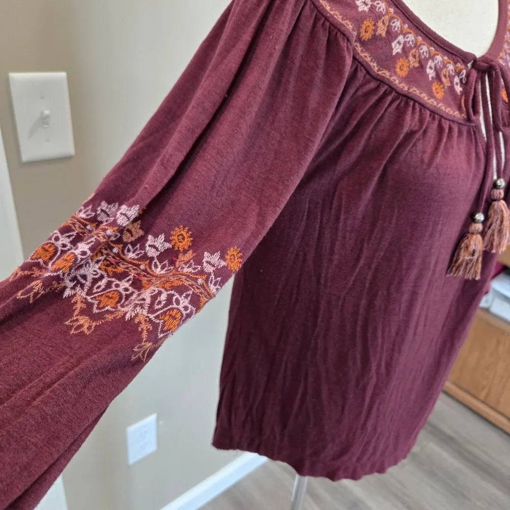 Womens M Embroidered Cottagecore Boho Prairie‎ Raw Hem  Hippie Festival Shirt - Picture 7 of 11